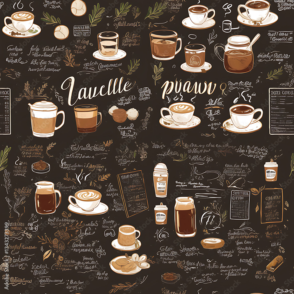 seamless pattern Realistic and artistic illustrations of coffee beans, brewing equipment, coffee cups for background or wallpaper