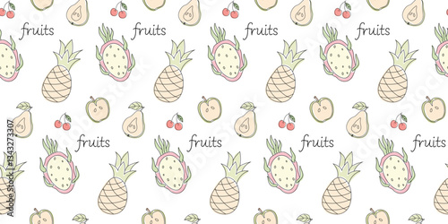 Colorful fruit pattern design featuring pineapples and pears on a white background