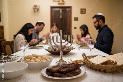 Celebration of Passover during Seder night with traditional foods and family gathering
