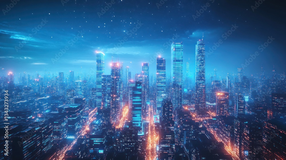 Fototapeta premium Futuristic city skyline at night with glowing buildings and starry sky.