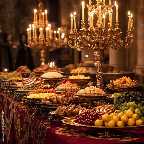 an opulent banquet table adorned with various dishes, fruits, and ornate candelabras, suggesting a luxurious feast in a grand setting.