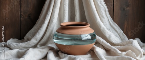 Clay pot of water with white linen cloth on a dark wood background with copy space.