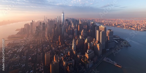 Panoramic view of New York City skyline at sunset