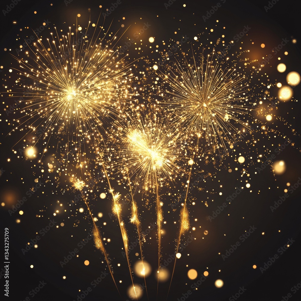 Obraz premium Golden fireworks background with sparkling light dots. 