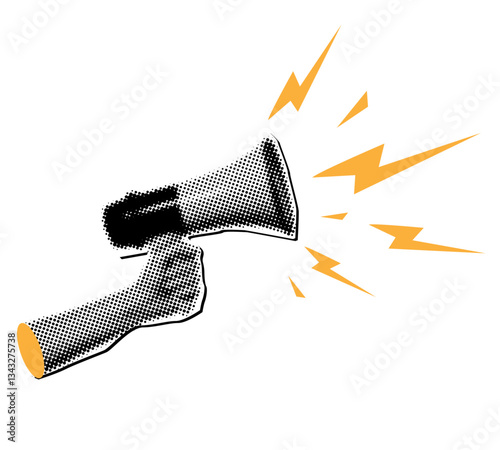 Halftone loudspeaker in hand vintage collage element,cut out from paper