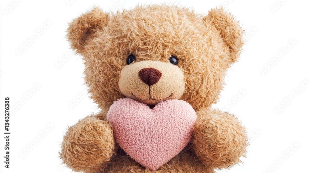 Obraz premium A teddy bear is holding a pink heart in its mouth