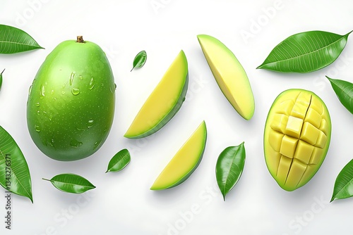 Wallpaper Mural A vibrant green mango, glistening with dew, alongside its ripe yellow counterpart, artfully arranged with lush leaves against a stark white background. Torontodigital.ca