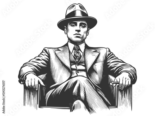 Mafioso man in a pinstripe suit sitting in an armchair, exuding power, authority, and sophistication sketch engraving generative ai vector illustration. Scratch board imitation. Black and white image.
