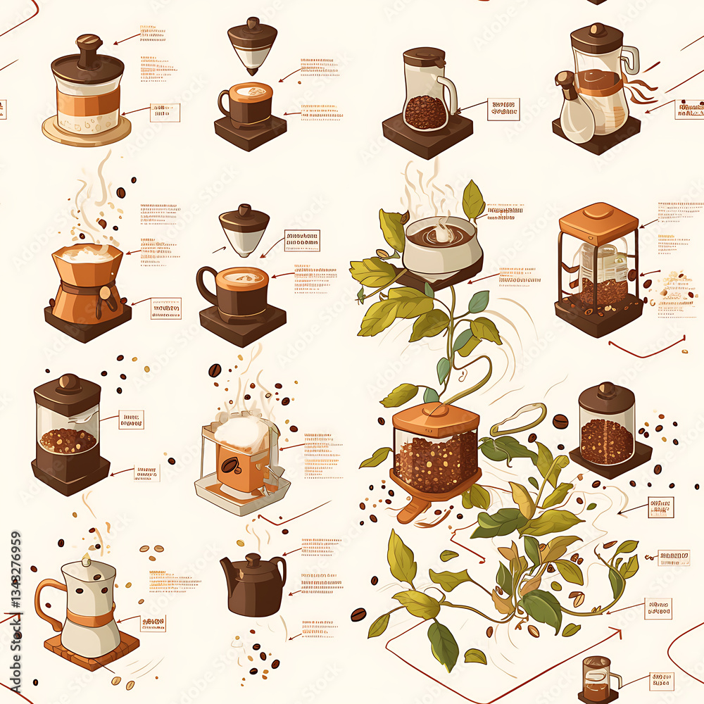 seamless pattern Realistic and artistic illustrations of coffee beans, brewing equipment, coffee cups for background or wallpaper seamless pattern Realistic and artistic illustrations of coffee beans, brewing equipment, coffee cups for background or wallpaper