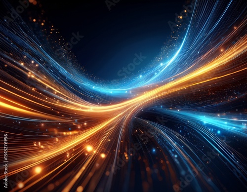 a dynamic abstract representation of glowing blue and orange particles flowing through a dark space suggesting motion and energy