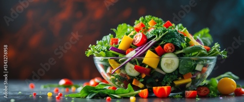 Colorful Vegetable Salad Bowl On Dark Background.