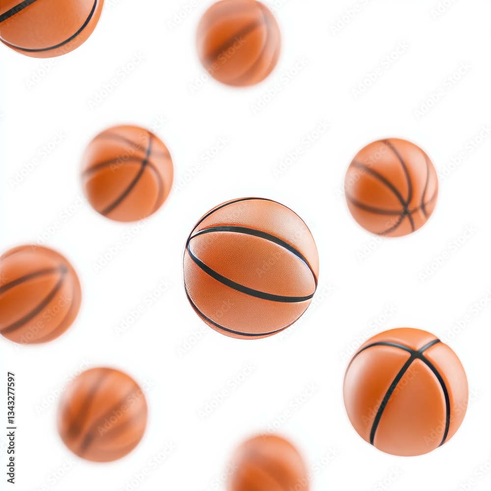 Multiple orange basketballs flying and falling on a white background. 3D render of team sports accessories. Multiple orange basketballs flying and falling on a white background. 3D render of team sports accessories.