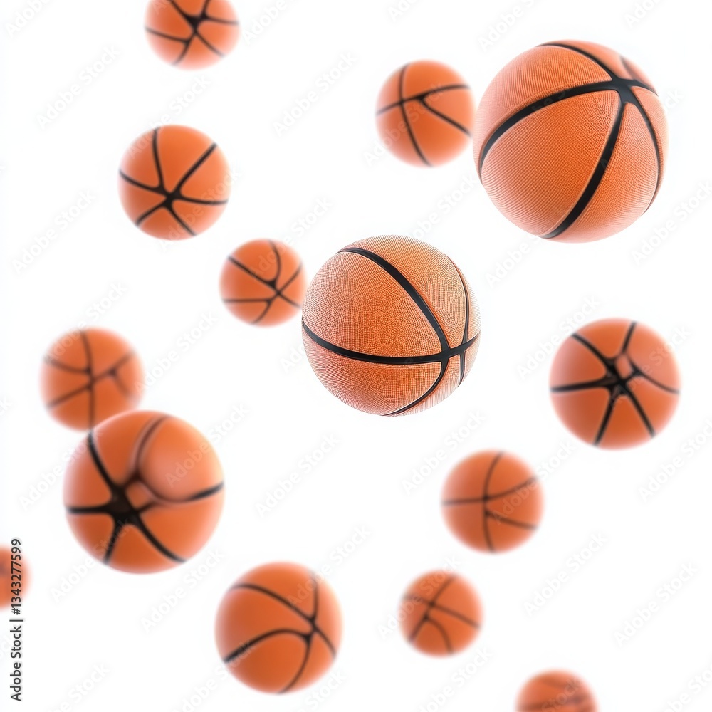 Obraz premium Multiple orange basketballs flying and falling on a white background. 3D render of team sports accessories.