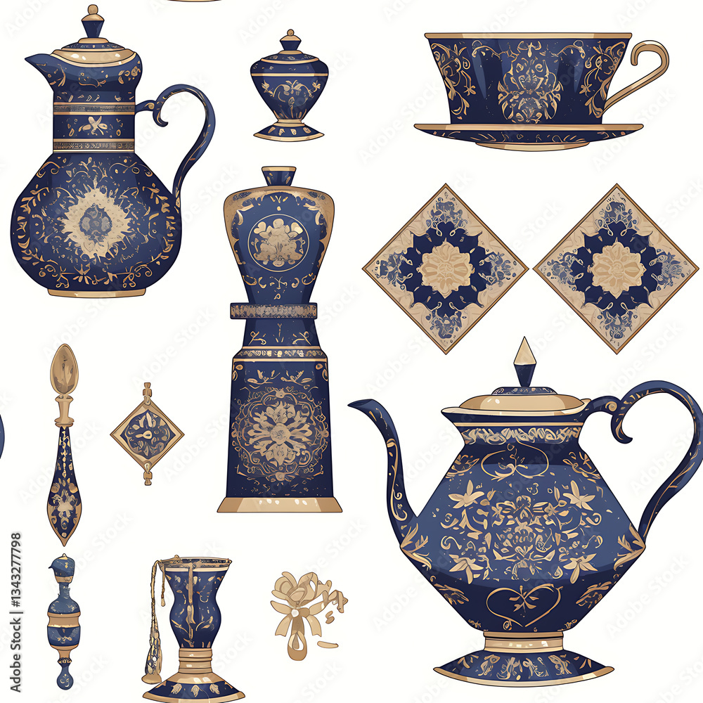 seamless pattern Realistic and artistic illustrations of coffee beans, brewing equipment, coffee cups for background or wallpaper