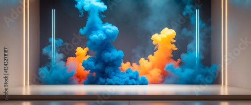 Motivational Speech Stage Backdrop with Colorful Smoke and Dramatic Lighting.