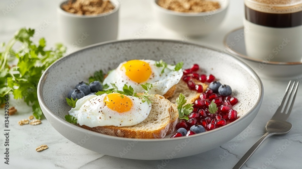 Freshly poached eggs are nestled on whole grain toast, surrounded by vibrant blueberries and pomegranate seeds. A warm cup of coffee adds to the inviting ambiance of the breakfast table Freshly poached eggs are nestled on whole grain toast, surrounded by vibrant blueberries and pomegranate seeds. A warm cup of coffee adds to the inviting ambiance of the breakfast table