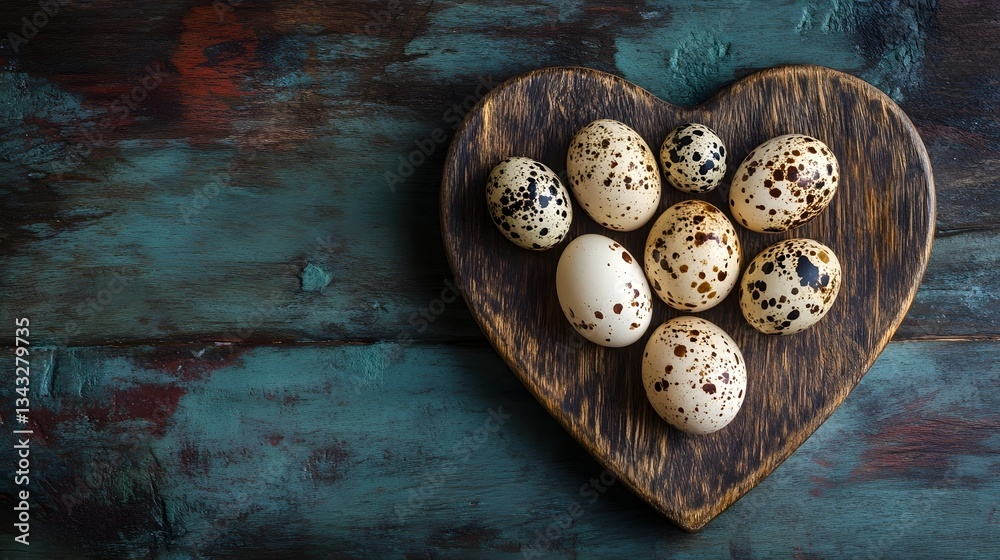 Quail eggs arranged in a heart shape on a wooden board Quail eggs arranged in a heart shape on a wooden board