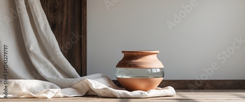 Clay pot of water with white linen cloth on a dark wood background with copy space