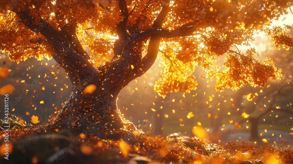 Golden autumn tree with falling leaves in sunlight. Golden autumn tree with falling leaves in sunlight.