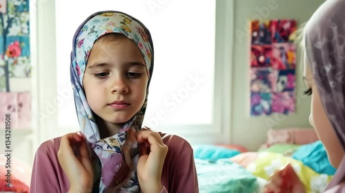 Young girl learning to wear hijab with guidance in cozy bedroom setting