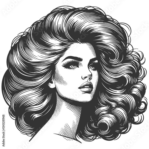 woman with an enormous, intricately curled hairstyle, blending surrealism, elegance, and vintage artistic style sketch engraving generative ai vector illustration. Scratch board. Black and white image