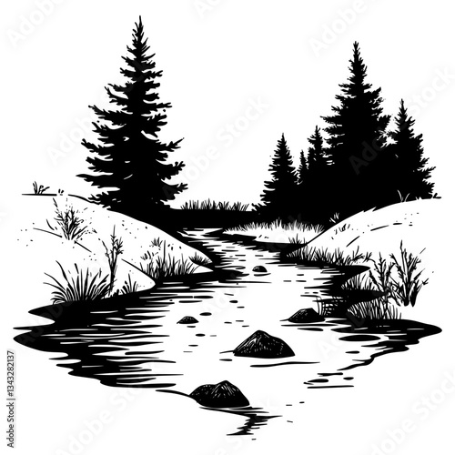 Small creek with flowing water illustration drawing nature vector
