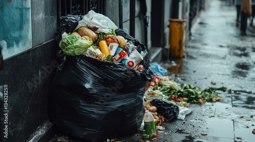 Overflowing city trash bag with rotting garbage and food waste.