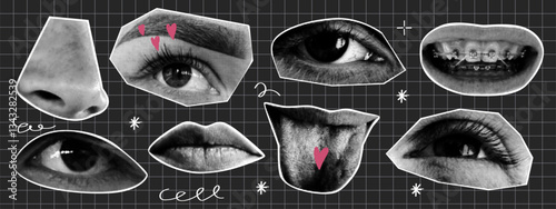 Set of retro halftone eyes, lips and ear with naive doodle elements. Y2K collage design. Vector elements in dotted pop art style.