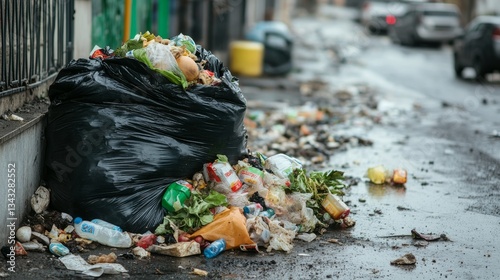 Overflowing city trash bag with rotting garbage and food waste.