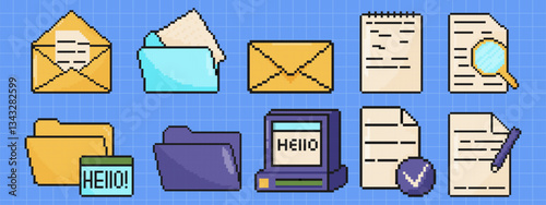 File folders set. Pixel art objects. Old school 8 bit computer graphic style.