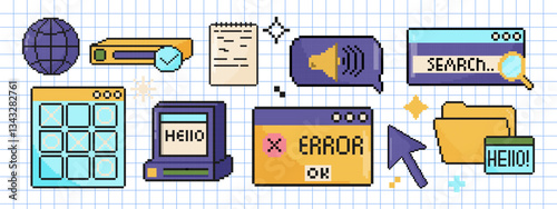 Y2K computer windows set. Pixel art objects in 8 bit style. Retro 80s, 90s video game graphics.