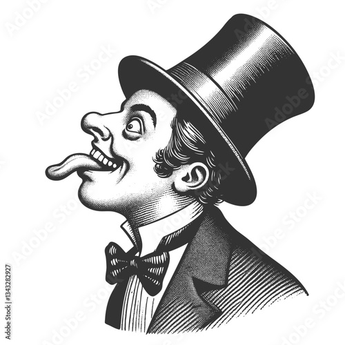 Silly stupid facial expression gentleman with curled mustache and top hat sticking out his tongue sketch engraving generative ai vector illustration. Scratch board imitation. Black and white image.