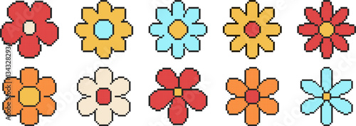 8 bit flower icon set. Pixel art object. Old school vintage game graphic.