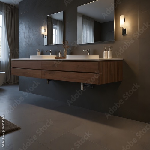 Elegant Bathroom Interior Design with Modern Vanity, Mirrors, and Neutral Tones for Luxurious Living