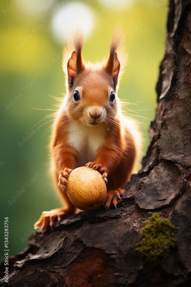 Curious Red Squirrel Holding Acorn, Perched on a Sunny Tree Branch, Wildlife Portrait Curious Red Squirrel Holding Acorn, Perched on a Sunny Tree Branch, Wildlife Portrait