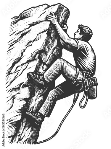 muscular man alpinist rock climbing on a steep cliff, gripping rugged rocks with determination and strength sketch engraving generative ai vector illustration. Scratch board. Black and white image.