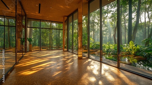 Morning view of a walkway in a Japanese garden with columns, stone floor, and a bridge surrounded by nature