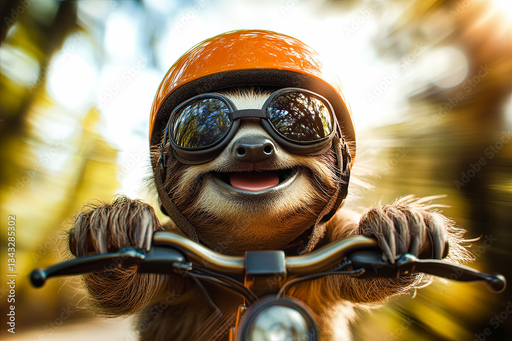Fototapeta premium Happy Sloth Riding a Motorcycle