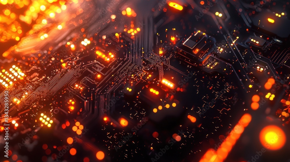 Obraz premium Glowing circuit board with orange light effects.