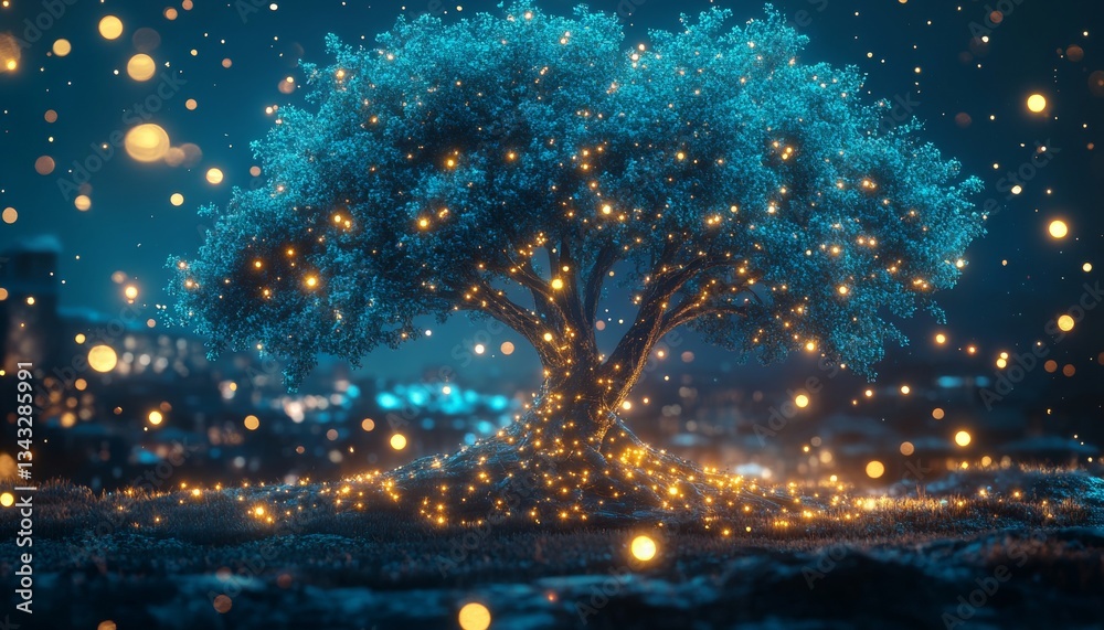 Naklejka premium Magical Glowing Tree with Digital Energy Particles in a Dreamlike Fantasy Forest Landscape.