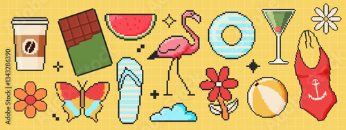 Pixel art summer icon set in 8 bit style. Retro 80s,90s video game graphics. Flamingo, lifebuoy, cocktail, swimsuit, ball, cloud, flower.