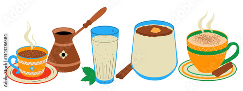 Boza, salep, coffee, ayran. Set of traditional turkish drinks. Hand drawn vector illustration.