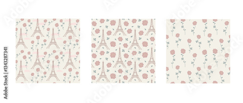 Set of vector seamless patterns with blossoming abstract roses and eiffel towers. Tender romantic wallpaper. Floral texture for textile or wrapping paper. Nice repeat ornament with simple flowers.
