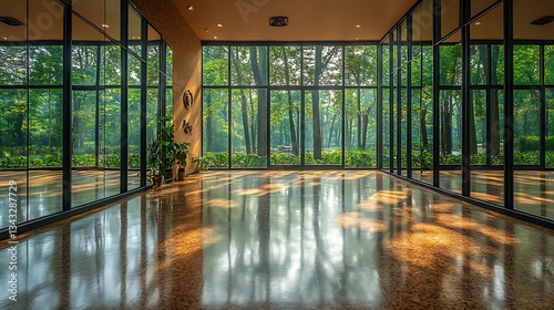 A tranquil yoga studio with cork flooring, mirrored walls, and large windows overlooking a peaceful forest