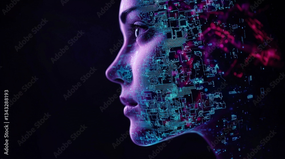 AI Fusion Futuristic Woman with Circuitry Overlay AI Fusion Futuristic Woman with Circuitry Overlay