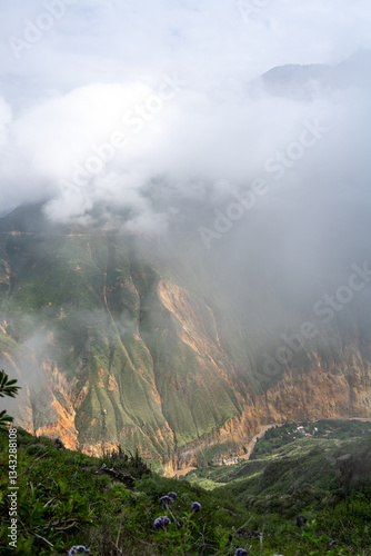 Obraz na płótnie Colca Canyon and river in the mist and clouds, Peru w salonie