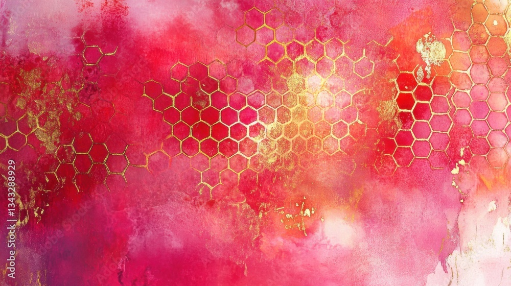 Arte abstracto con hexágonos dorados y fondo rosa