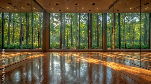 A tranquil yoga studio with cork flooring, mirrored walls, and large windows overlooking a peaceful forest