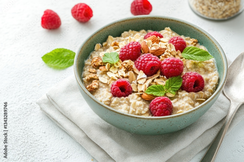 Matcha Oatmeal Breakfast Bowl with Raspberries and Nuts on White Background Matcha Oatmeal Breakfast Bowl with Raspberries and Nuts on White Background