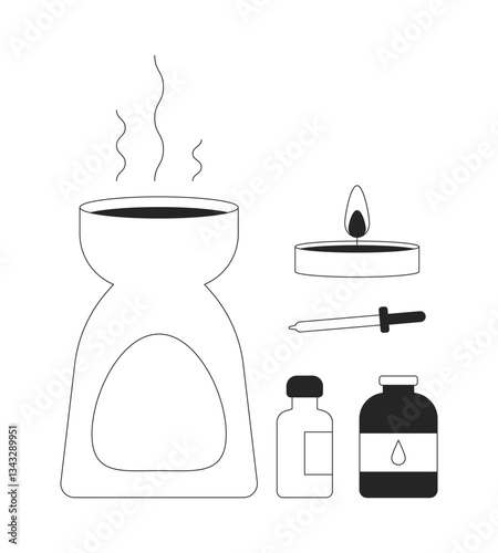 Aromatherapy essentials 2D line objects set. Oil burner, tealight candle, dropper, essential oil bottles isolated cliparts vector ink outline items. Monochrome spot illustrations collection